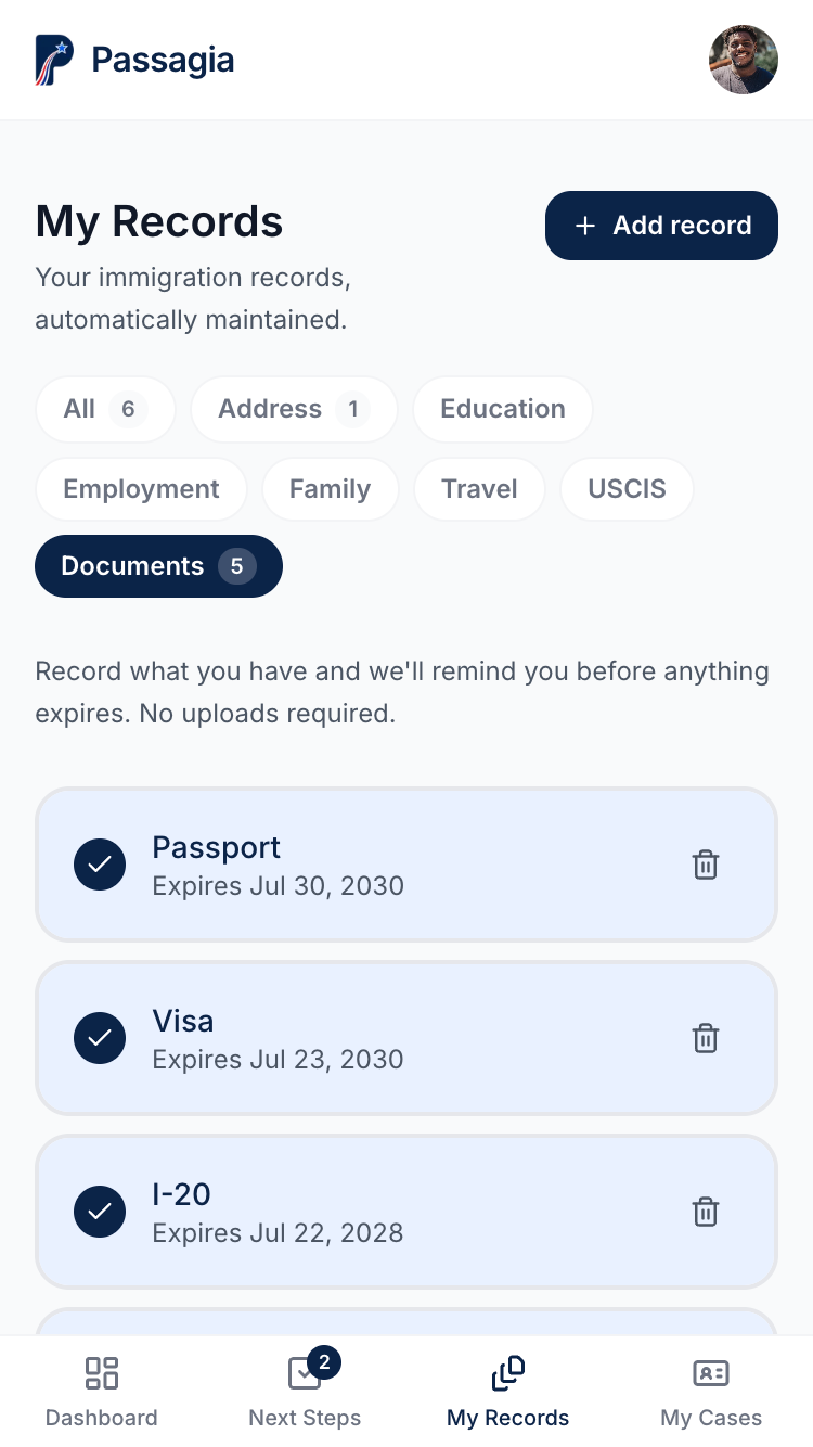 The Passagia My Records page on mobile, showing a checklist of immigration documents with their expiry dates
